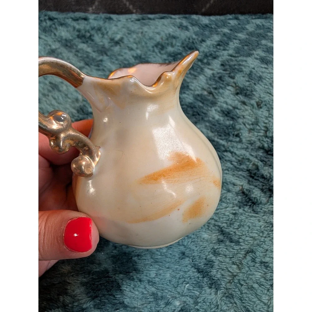 Vintage Miniature Porcelain Pitcher Fruit Motif Gold Gilt Trim E2359 Small Vase